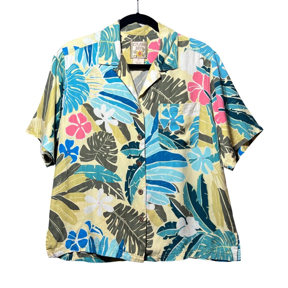 Vintage Kylani Bay Silk Hawaiian Camp Shirt Tropical Floral Button Up M Y2K
